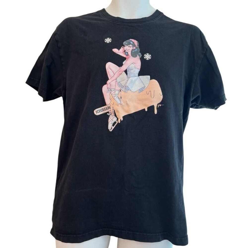 Icecream Men’s Large Black T Shirt Figure Skater Snow Lady on Ice Cream Popsicle